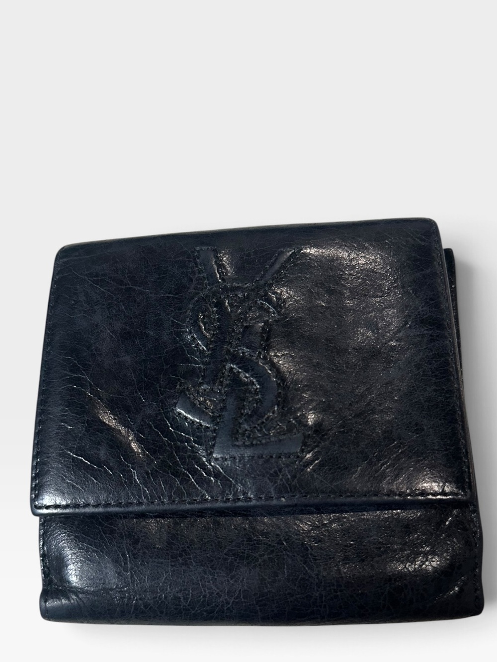 Vintage YSL Yves Saint Laurent Navy Crinkled Leather Monogram French Wallet